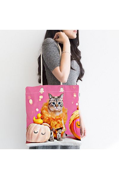 Realhomes Unisex Cute Cat Among Pink Honey Pumpkins Μοντέρνα τσάντα παραλίας με φερμουάρ