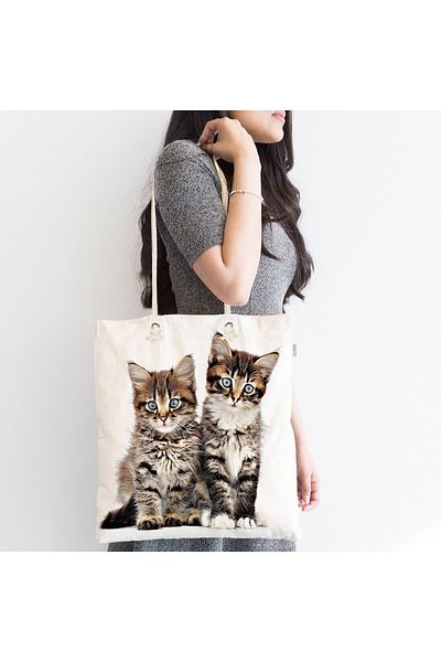 Realhomes Μοντέρνα υφασμάτινη τσάντα Unisex Brown Cute Tabby Kitties με φερμουάρ