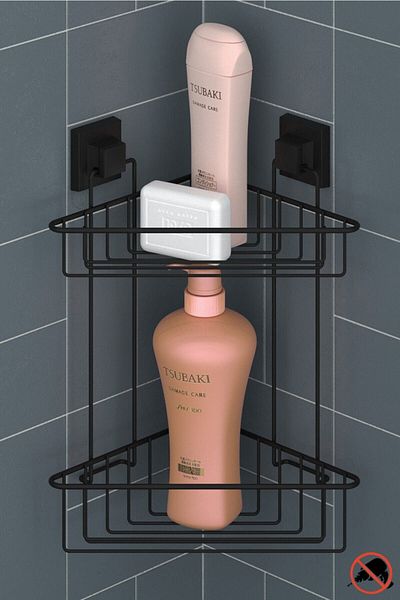 Teknotel Fără găurire cu șurub! Raft de colț pentru baie Easyfıx adeziv cu două straturi, negru mat Ef257