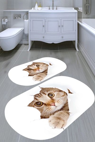 MODANOİVA Crazy Cat Patterned 2-Piece Bath Mat (50x60 - 60x100)