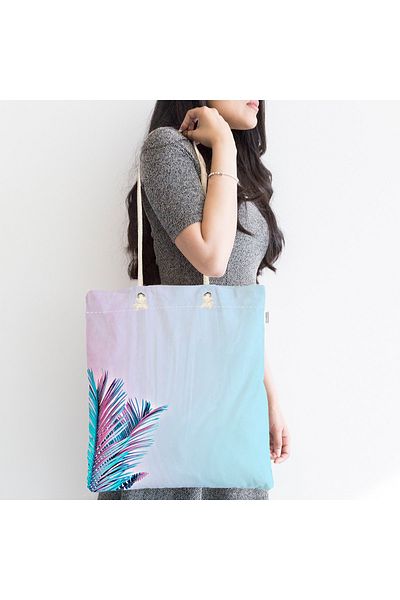 Realhomes Υφασμάτινη τσάντα Unisex Powder Blue Tropical Leaf με ψηφιακή εκτύπωση με φερμουάρ