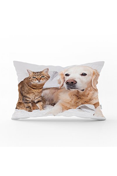 Realhomes Sevimli Kedi Ve Köpek Baskılı Modern Dikdörtgen Yastık Kırlent Kılıfı