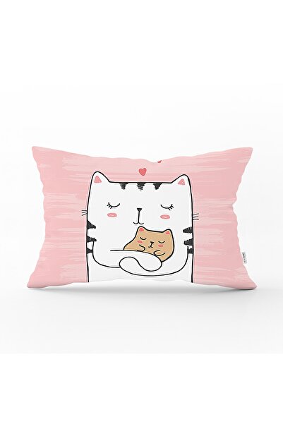 Realhomes Yavrusuna Sarılmış Kedi Motifli Modern Dikdörtgen Yastık Kırlent Kı...