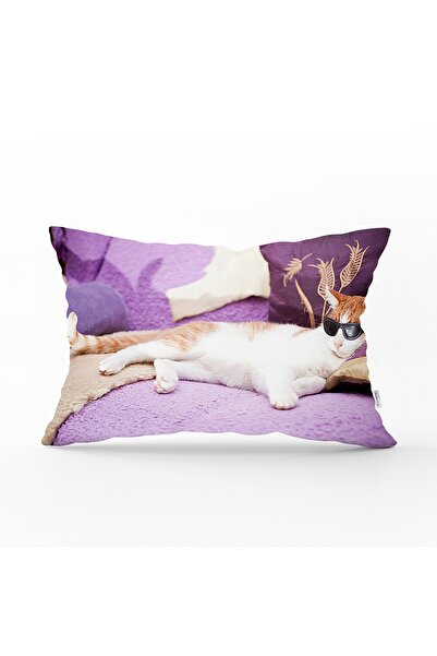 Realhomes Gözlüklü Kedi Desenli Dijital Baskılı Modern Dikdörtgen Yastık Kırl...