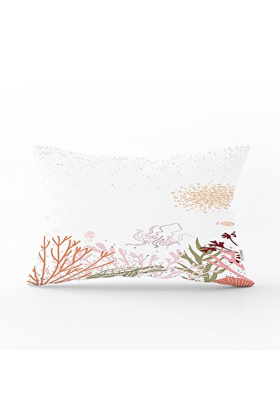 Realhomes Beyaz Zemin Üzerinde Onedraw Çizimli Yaprak Motifli Dikdörtgen Yast...