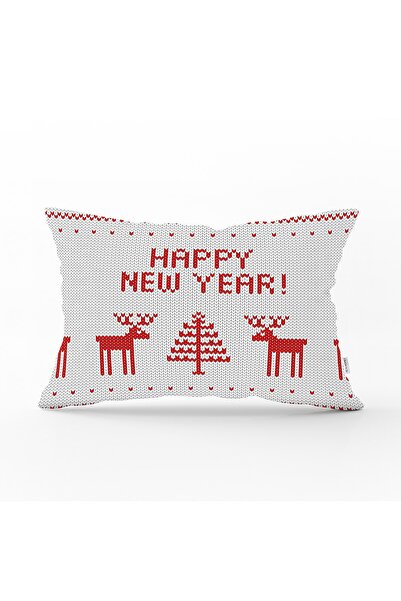 Realhomes Happy New Year Temalı Dijital Baskılı Dekoratif Dikdörtgen Yastık K...