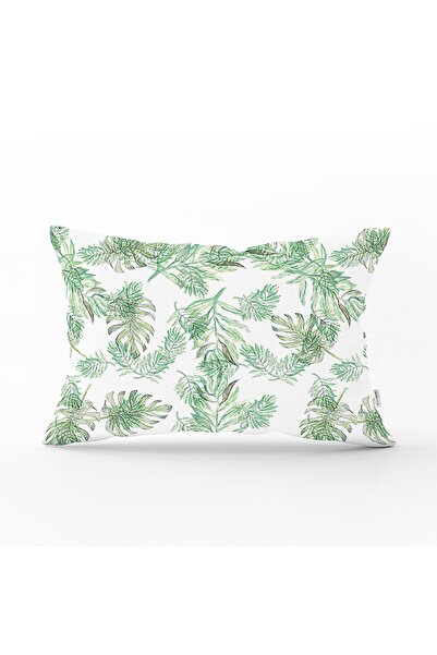 Realhomes غطاء وسادة مستطيل بنمط أوراق خضراء على خلفية بيضاء