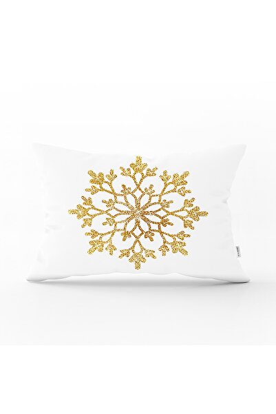Realhomes غطاء وسادة مستطيل بنمط ندفة الثلج مع تفاصيل ذهبية على خلفية بيضاء