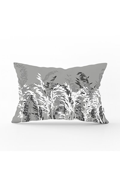 Realhomes Gri Zeminde Fuşya Ve Beyaz Çiçek Tasarımlı Dikdörtgen Yastık Kılıfı