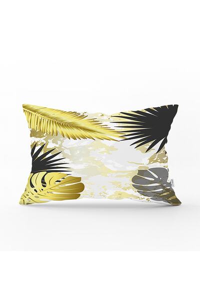 Realhomes غطاء وسادة مستطيل حديث مطبوع رقميًا بأوراق ذهبية وسوداء مع أرضية رخ...