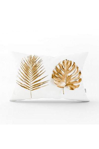 Realhomes Husă de pernă cu aspect auriu 3d, frunze de palmier, pernă dreptunghiulară modernă