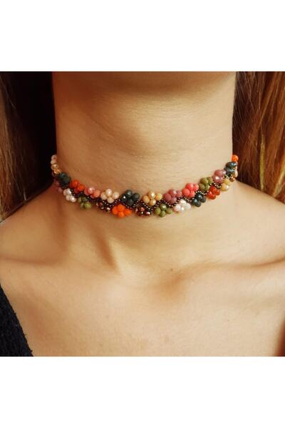 Handmade By HLY El Yapımı Çok Renkli Kristal Taşlı Choker Kolye
