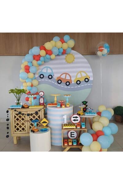 canbayhobi Araba Konsept Doğum Günü Balon Zincir Pastel(sarı Turuncu Mavi Ton...