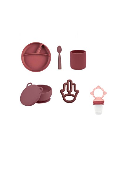 OiOi Silikon Full Set Tabak + Bardak +kaşík+kase+anneli Diş Kaşíyící+püre Bordo