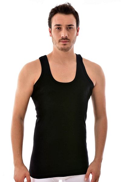 Tutku Men's Black Ribbed (flexible) Strappy Undershirt 6 Pack (model No-0102)