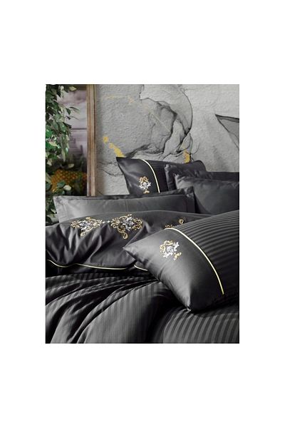 Cotton Box Embroidered King Anthracite Double Satin Duvet Cover Set
