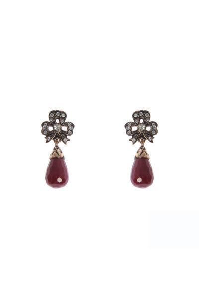 Aşina Gümüş Yeni Yıl Hediyesi Kadın Kırmızı Fiyonk Elmas Montür Yakut Taşlı Damla Küpe