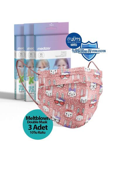 Medizer Meltblown Tavşan Desenli Cerrahi Çocuk Maskesi 10'lu 3 Kutu Telli