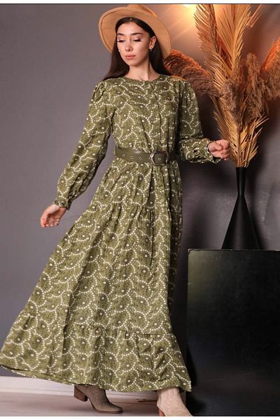 ButikEtiler Women's Green Embroidered Floral Print Patterned Long Sleeve Long Dress with Belt