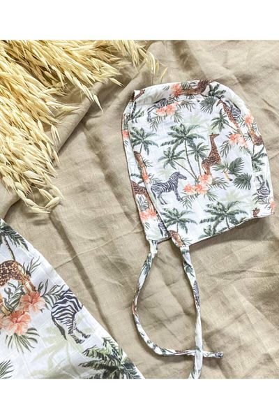 Li Puna Giraffe Patterned Muslin Baby Bonnet Lpbn04