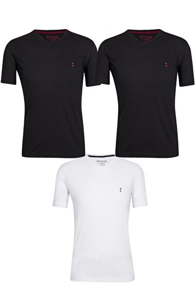 SÜVARİ Erkek Siyah Beyaz Pamuk O Yaka  Süper Rahat T-Shirt 3'lü