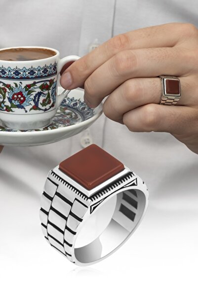 ALYANSEVİM Kare Kırmızı Akik Taşlı 925 Gümüş Erkek Yüzük