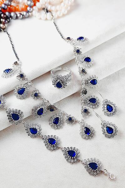 Altınışık Gümüşçülük 925 Ayar Gümüş Telkari Safir Taşlı Damla Modeli Takım Ay...