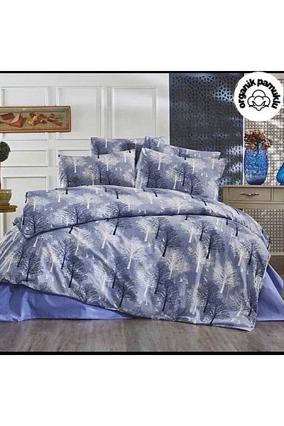 Lotusline Home Blue Tree Pattern Μονό Πολυτελές Βαμβακερό Σετ Παπλωματοθήκης - Σετ