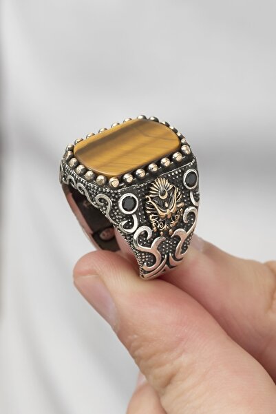 ALYANSEVİM Osmanlı Devleti Armalı Kaplan Gözü Taşlı 925 Gümüş Erkek Yüzük