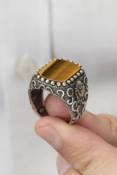 ALYANSEVİM Osmanlı Devleti Armalı Kaplan Gözü Taşlı 925 Gümüş Erkek Yüzük