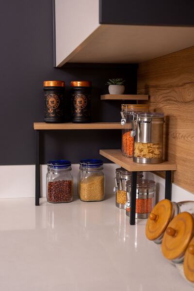 Mudesa Metal Ahşap Mutfak Köşe Rafı Tezgah Üstü Düzenleyici Banyo Mutfak Rafı Baharatlık