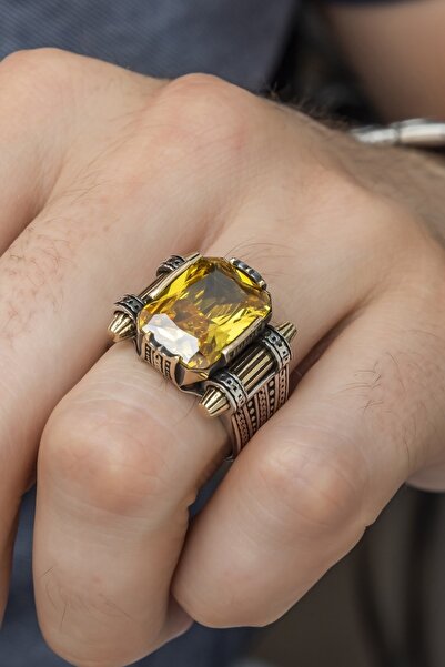 ALYANSEVİM Sitrin Taşlı Kare Tasarım 925 Gümüş Erkek Yüzük