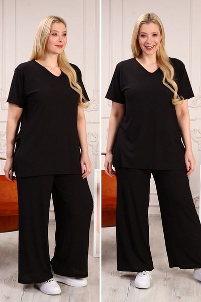tarzımsüper Large Size Organic Cotton Tracksuit Set with Side Slit Ribbed Model Hijab Stylish Suit Black
