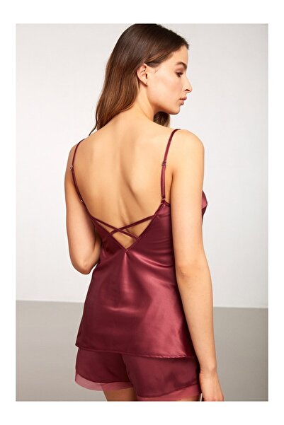 Kom Pantaloni scurți din satin burgundy - Alisa cu detalii transparente