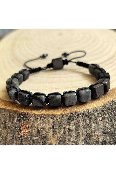 ByKolyeucum Cube Cut Dark Gray Jasper Stone Natural Stone Knitted Macrame Bracelet