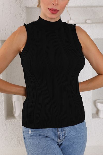 diaves Bluză de damă cu guler vertical cu mâneci zero, cu model în relief, tricotaje negre