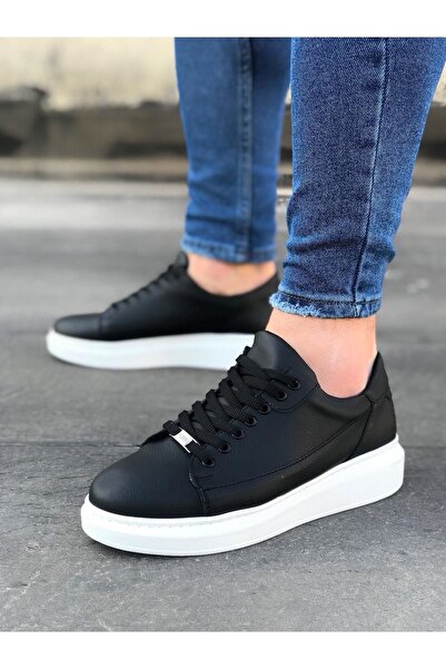 Wagoon Wg028 Μαύρα ανδρικά παπούτσια με χοντρή σόλα με κορδόνια