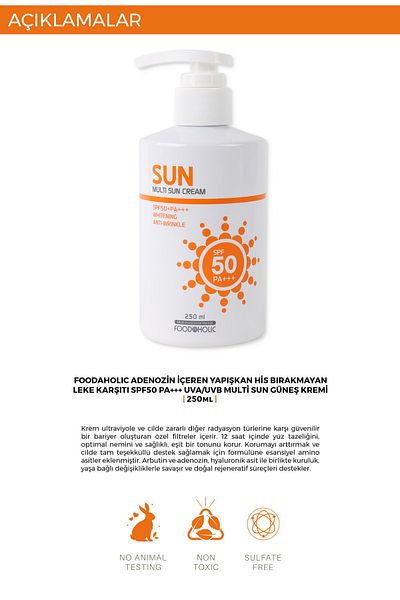 FOODAHOLIC Multi Sun 250ml Non-Sticky Anti-Blemish Spf50 Pa Uva/UVB Sunscreen with Adenosine