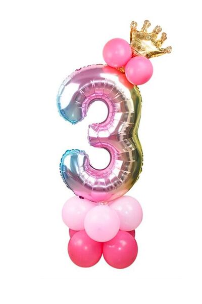 RÖNESANS PARTİ بالون أرقام بألوان قوس قزح لعمر 3 سنوات، بالون ذهبي متوج مكون ...