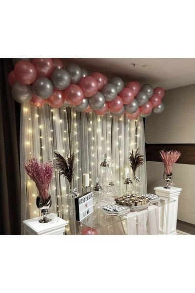 RÖNESANS PARTİ 50 Pieces Metallic Balloon Pink Silver Balloon Chain