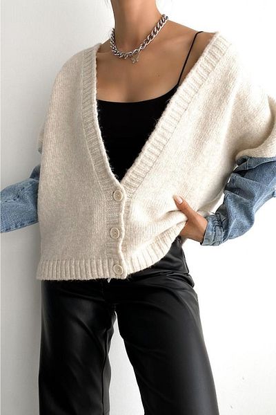 FEMELLE Cardigan de damă, cu mânecă detaliată cu nasturi, tricotaj din denim