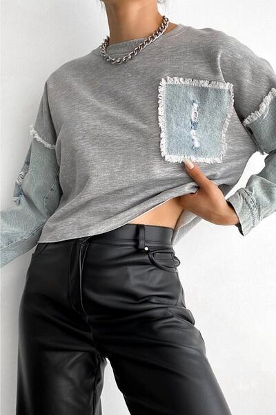 FEMELLE Women's New Season Sweatshirt with Sleeves and Pocket Denim Detail