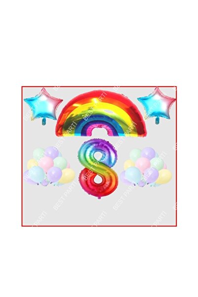 RÖNESANS PARTİ Rainbow Star Themed Macaron Balloon 8Th Birthday Party Set
