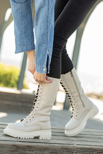 DİVOLYA Καθημερινές γυναικείες μπότες Tuen Beige με κορδόνια με φερμουάρ