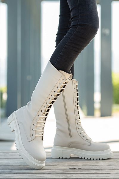 DİVOLYA Καθημερινές γυναικείες μπότες Tuen Beige με κορδόνια με φερμουάρ