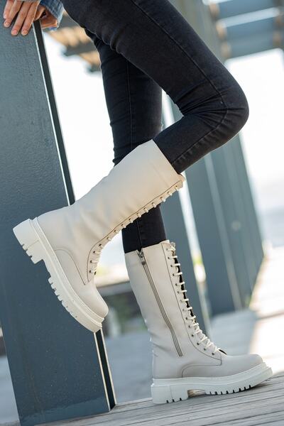 DİVOLYA Καθημερινές γυναικείες μπότες Tuen Beige με κορδόνια με φερμουάρ