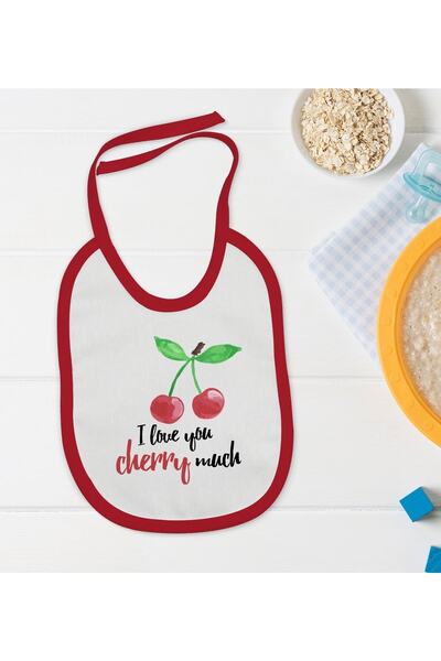 Bk Gift Kids I Love Cherry Much Designed Red Baby Food Bib-1