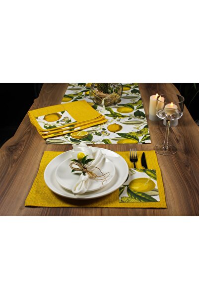 Biz Class Lemon Patterned Runner & Yellow American Service Set of 4, Lemon Runner/ Runner-Tablecloth