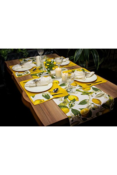 Biz Class Lemon Patterned Runner & Yellow American Service Set of 4, Lemon Runner/ Runner-Tablecloth