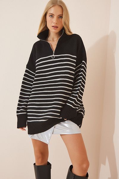 Happiness İstanbul Schwarzer Oversize-Pullover mit Reißverschluss und Stehkragen für Damen, gestreift, YY00077